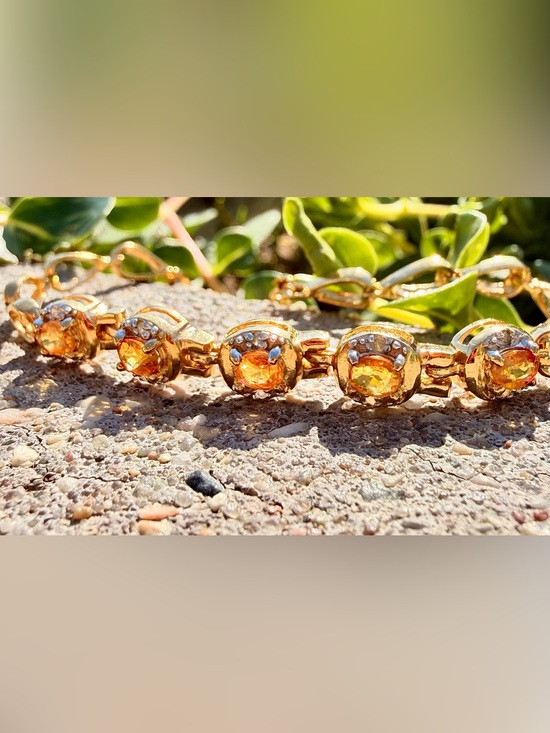 925 Sterling Silver Jewelry - 18K Gold Over Sterling Silver Orange AA Sapphire & Diamond Bracelet 7.25”